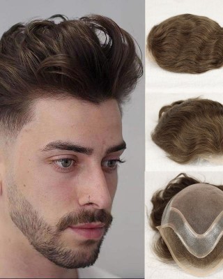 Men Wigs Hair Replacement System PU Around Firm Lace Front Natural Hairline 100% human Hair Toupee